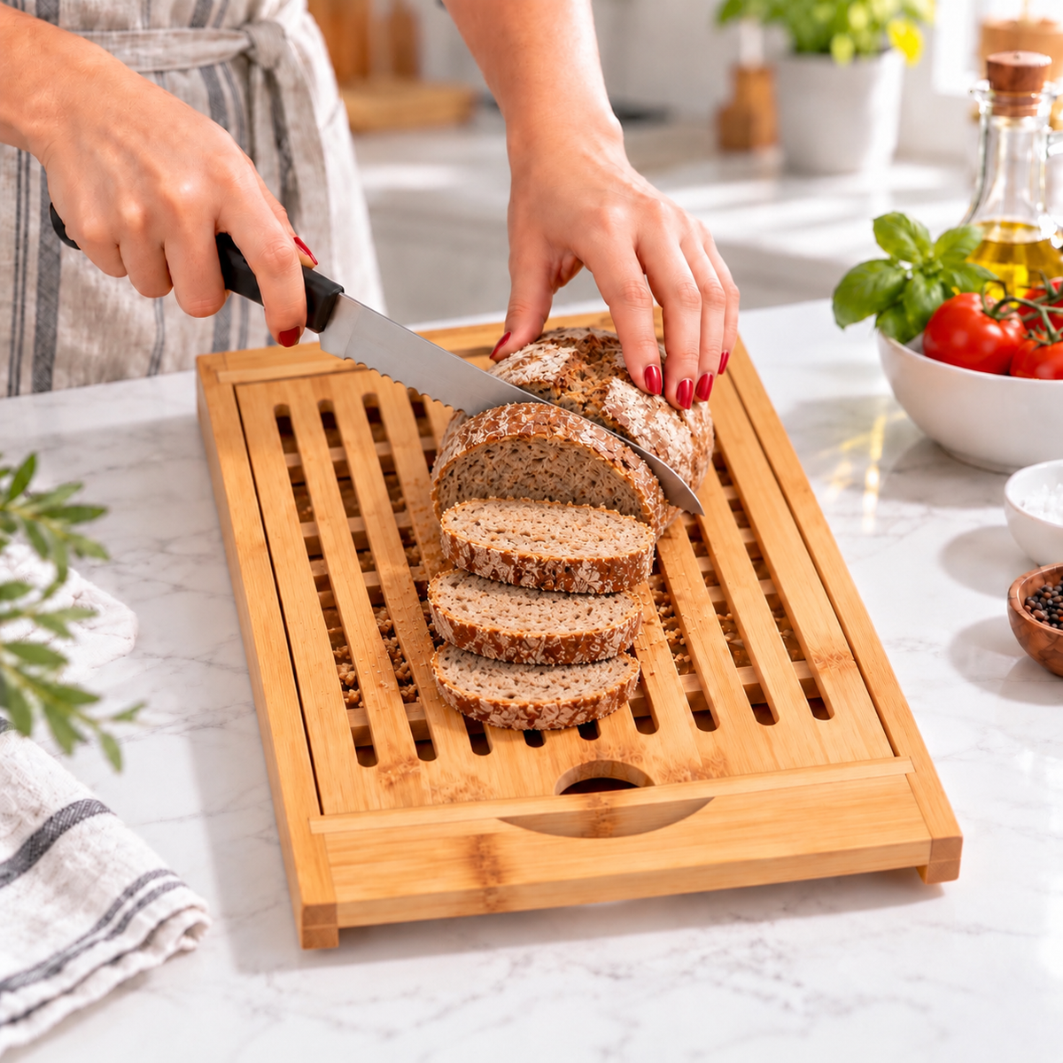 Irish soda bread being sliced on the Kitchen Academics Crumb Catcher Cutting Board