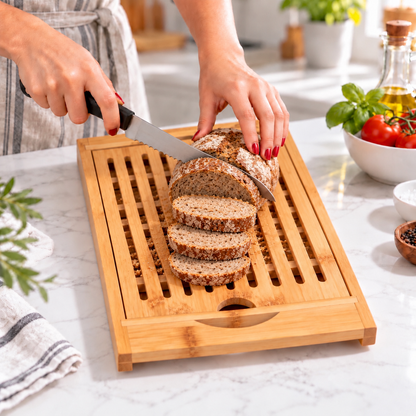 Irish soda bread being sliced on the Kitchen Academics Crumb Catcher Cutting Board