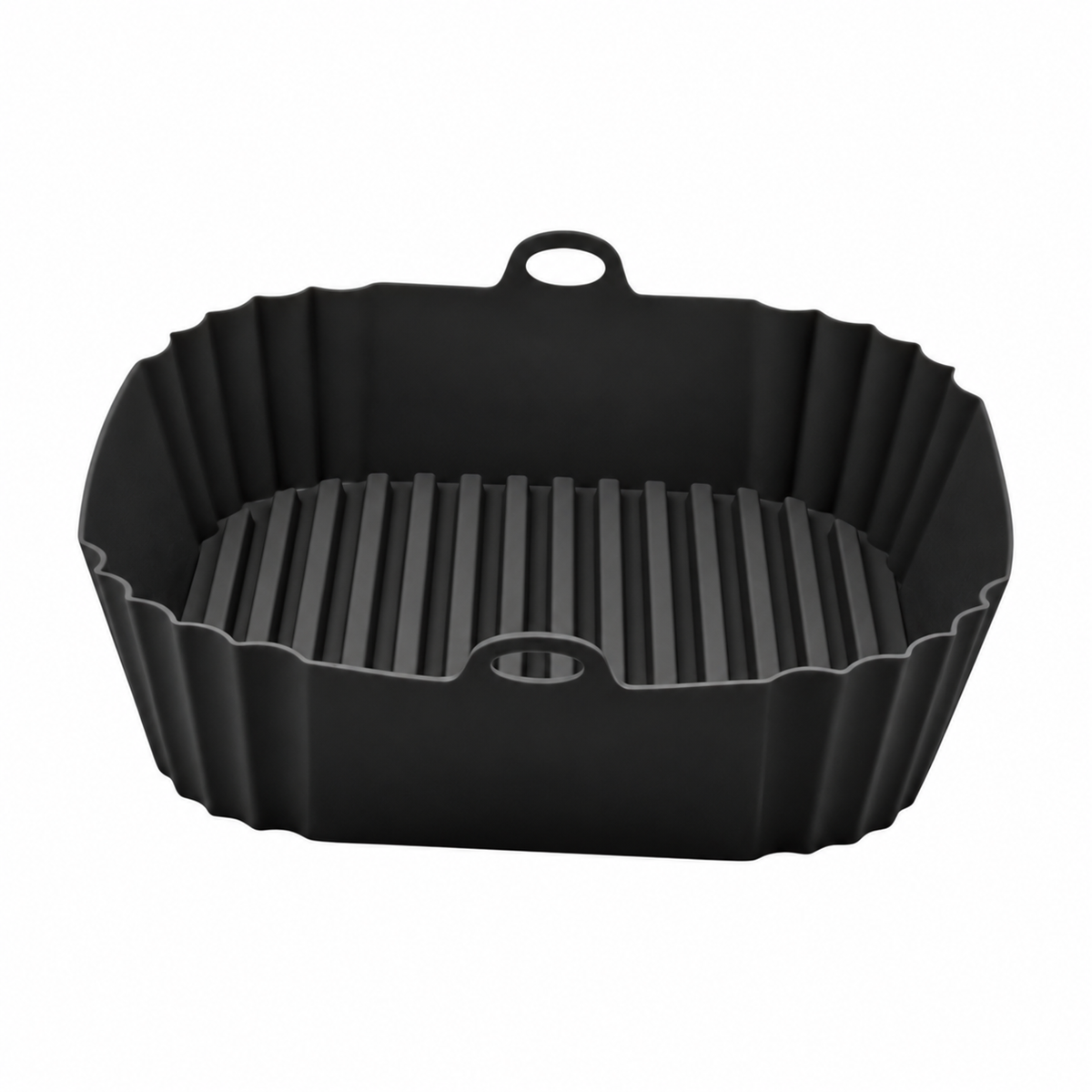 Black square silicone air fryer liner with raised base ridges and two lifting handles
