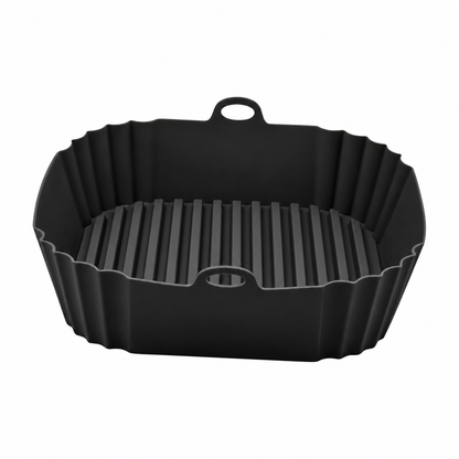 Black square silicone air fryer liner with raised base ridges and two lifting handles
