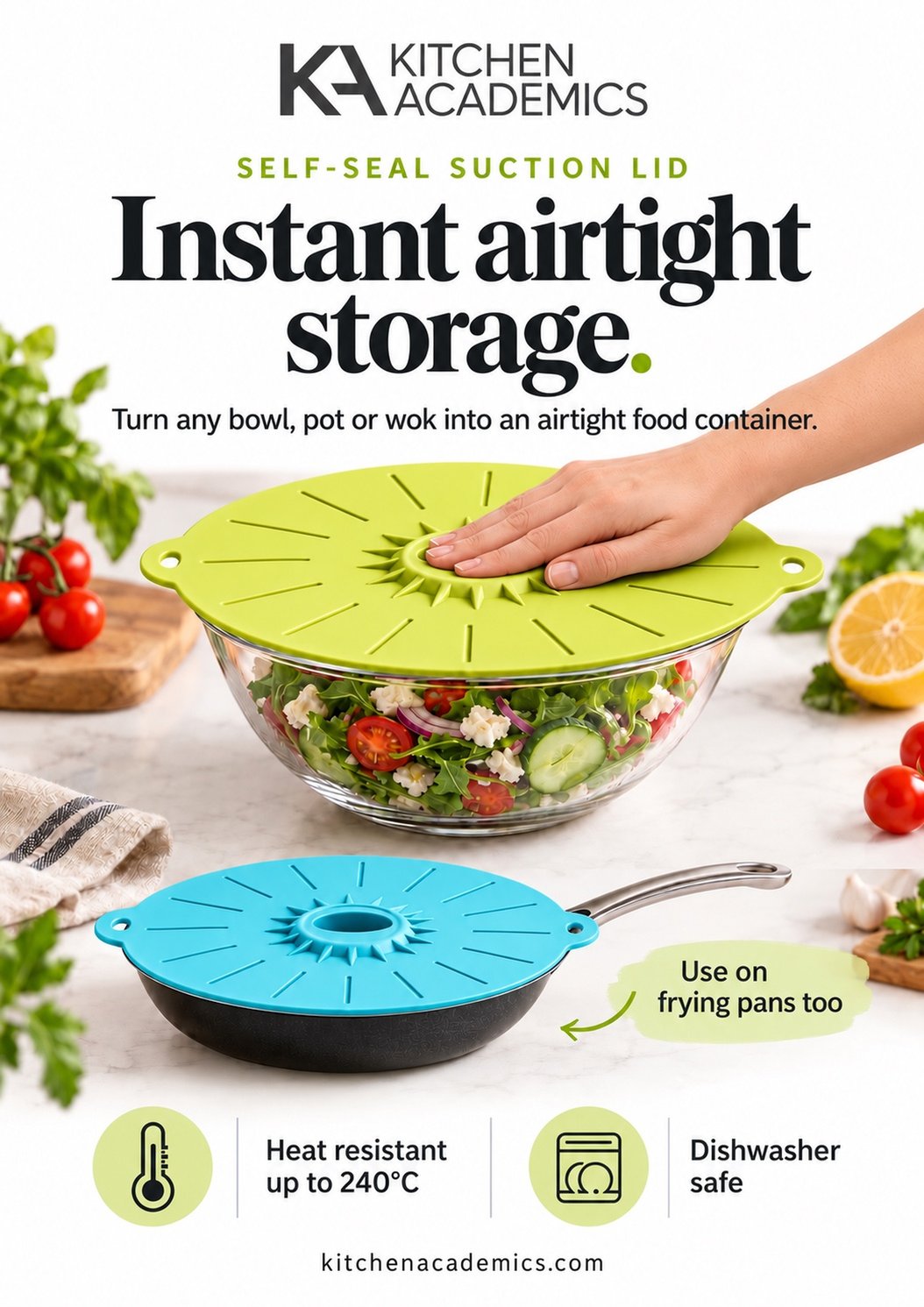 Kitchen Academics Self Seal Suction Lid product benefits and usage guide
