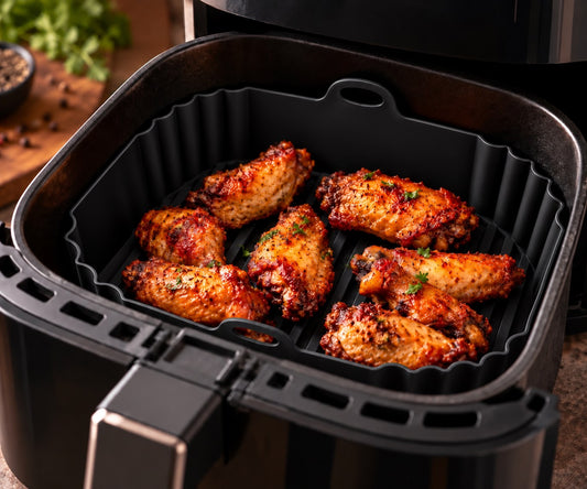 Black square silicone air fryer liner seated in an air fryer drawer with chicken wings