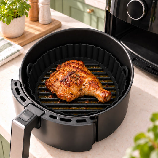 Black round silicone air fryer liner holding cooked chicken in an air fryer drawer